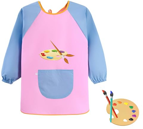 LILIKAI Grembiule da pittura per bambini dai 6 anni in su, impermeabile, a maniche lunghe, rosa + blu, Taglia unica (Fits Children aged 6 and above)