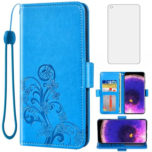 Asuwish Compatible with OPPO Find X5 Wallet Case and Tempered Glass Screen Protector Flip Purse Accessories TPU Wrist Strap Credit Card Holder Stand Cell Phone Cover for FindX5 5G Women Men Blue