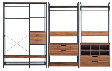 [en.casa] Set di 3 Mobili Organizzatori Guardaroba con Barre Appendiabiti Ripiani Scomparti e 4 Cassetti Mobili Porta Abiti per Camera da Letto Cabina Armadio - Nero/Effetto Noce