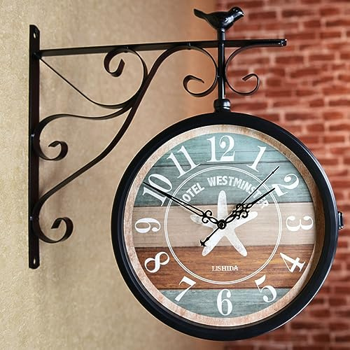 Orologi industriali su entrambi i lati, orologio da parete da giardino, stile vintage, con staffa per stazione ferroviaria per rotazione a 360°, orologio da appendere in ferro battuto