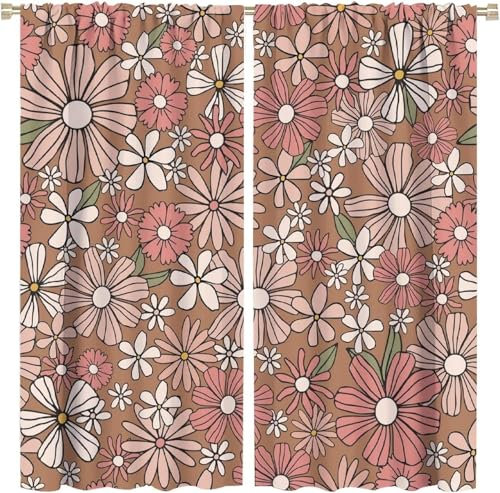 Schattierung Vorhänge Junge Bunte Retro-Blumen 3D Druck 2Er Set Isolierung Schalldichte Kinder Gardinen Blickdicht Mit Ösen Vorhang Fenster Für Wohnzimmer Schlafzimmer Balkon 140X160 cm (B -218807013