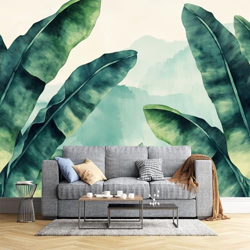 JEDTAKCT Papier Peint Panoramique Nature - Revêtement Mural Décoration Salon - Design Moderne - Feuilles De Bananier - Plantes Tropicales À L'Aquarelle Déco Nature Plantes Tableaux Muraux