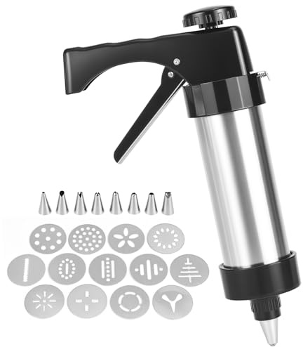 QWORK Stainless Steel Cookie Press Kit – 13 Discs & 8 Tips for Soft Dough, Frosting & Baking Decor