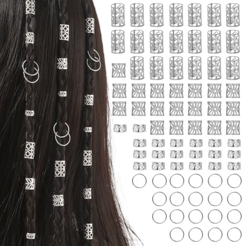 80PCS Anillos para el Pelo Ajustable, Accesorios para Rastas para Cabello, Bobina Joyería El Cabello Anillos,Juego de accesorios para el pelo, anillos y puños, joyas para trenzas y festivales(Plata)