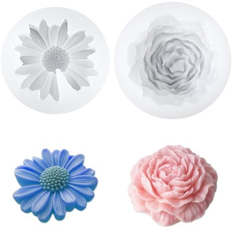 JIYIN 2 Stück Kerzen Silikonformen, 3D Pfingstrose Daisy Silikon Kerzenform Silikonformen Gießformen Silikon Blumen Kerzengießformen für Duftkerze Seife DIY Herstellung (Daisy+ Pfingstrose)