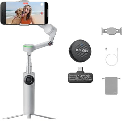 Insta360 Flow 2 Pro Mic-Bundle Grau – Faltbarer KI-Gimbal mit 3-Achsen-Stabilisierung, Tracking in 200+ Apps via Apple DockKit, Mic Air, Multi- & 360°-Tracking, Stativ & Selfie-Stick integriert