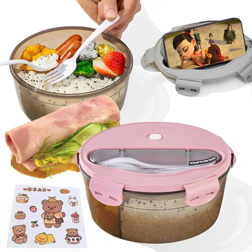 Behiruch Fiambrera redonda, para microondas, con compartimentos separadores, con cubiertos, fiambrera a prueba de fugas, para niños y adultos, color rosa