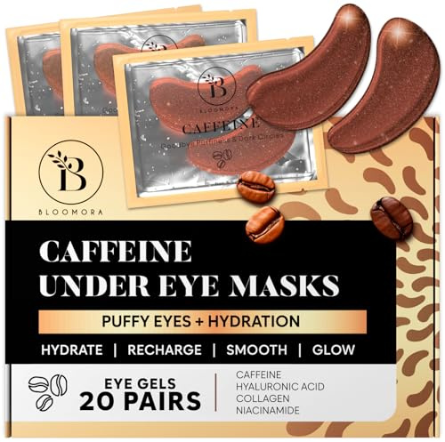 BLOOMORA Patch Occhi con Caffeina (20 paia), Maschera Occhi con Niacinamide e Acido Ialuronico, Eye Patch Occhiaie e Borse, Maschera Occhiaie Idratante e Illuminante, per Donna e Uomo