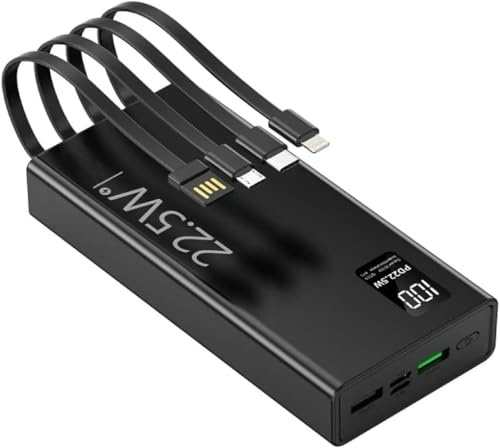 Batterie Externe 27000mah Charge Rapide Power Bank 22.5W PD Powerbank Chargeur Batterie Portable Puissante Externe avec Cable Intégré Compatible avec Smartphone iPhone Android (Noir Brillant)