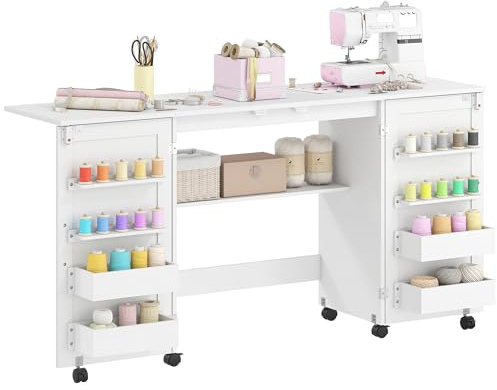 HOMCOM Table de Couture Pliante à roulettes 2 Portes Magnétiques Blanc