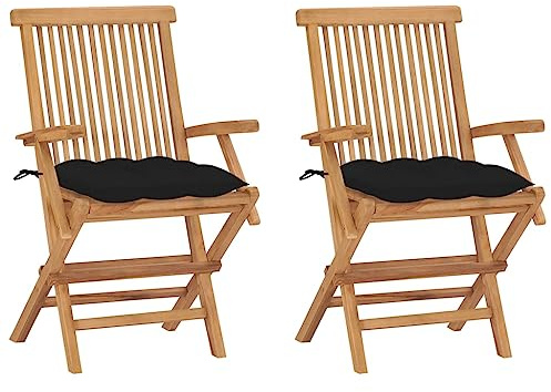 Frdhee Gartenstuhl, Innenhof Stühle, Bistrostuhl, Außen Esszimmerstühle, Gartenstühle mit Schwarzen Kissen 2 STK. Massivholz Teak Für Terrasse Schwimmbad Hinterhof