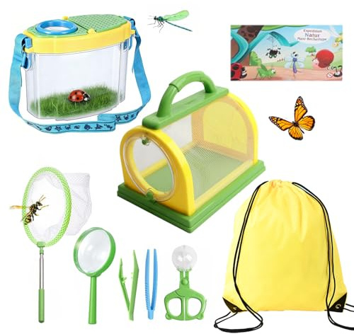alouweekuky Kids Outdoor Explorer Kit Forscher Set Kinder, enthält Schmetterlingsnetz, Insektenbehälter, Lupe, Insektenfänger, Beobachtungsbox und Insektenzange, geeignet für Kinder von 3–12 Jahren