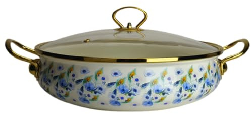 Emaljkruka med lock och handtag för induktionshäll, blommig kök simmer gryta, vintage emalj för grytor