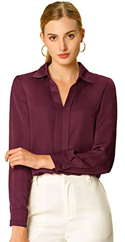 Allegra K Chemisier Femme en Satin Col en V Blouse Satinnée Chic et Élégante pour Bureau à Manches Longues Coupe Ample Bourgogne XS