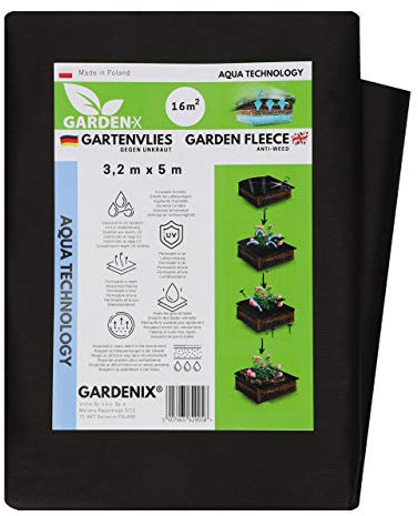 GARDENIX® 16 m² Anti Unkrautvlies 50g/m² ‒ Gartenvlies Aqua mit sehr hoher Wasserdurchlässigkeit, Hohe UV-Stabilisierung, reißfest Schwarz (3,2m x 5m)