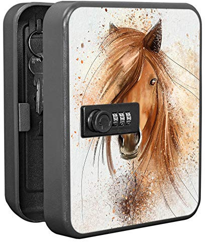banjado Burg-Wächter Schlüsselkasten abschließbar für 20 Schlüssel/Schlüsselbox mit Zahlenschloss 16x20x8cm groß/Schlüsselaufbewahrung aus Stahlblech schwarz/Motiv Magic Horse