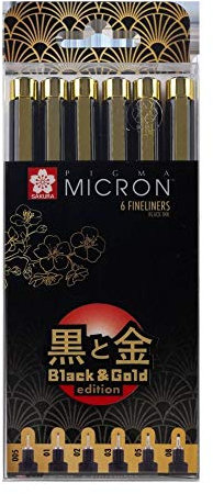 SAKURA Pigma Micron Fineliner, Schwarz und Gold Edition, 005/01/02/03/05/08, schwarze Tinte, 6 Stück