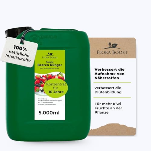 Flora Boost Beeren Dünger 5L, Flüssigdünger für bis zu 1000L Gießwasser | Obst Dünger für alle Beeren Sorten geeignet, 100% natürlicher Pflanzendünger, flüssiger Blatt- & Wurzeldünger