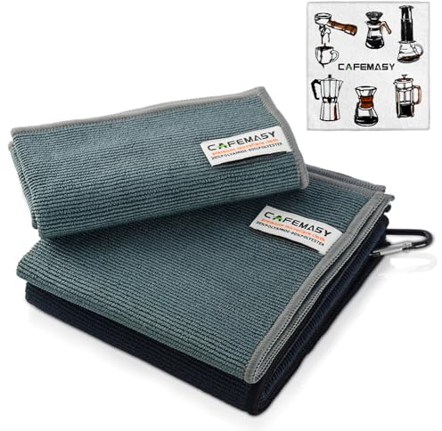 CAFEMASY Barista Cloth Barista Accessories - Espresso Machine Cleaning Towel with Hook Set 3 Pack Soft Barista Mirco Fiber Towel for Cleaning Steam Wand Portafilters and Coffee Bar Counter Table