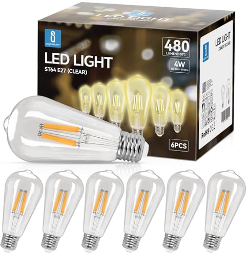 Aigostar E27 LED Lampe Filament 4W (Ersetzt 40W),Warmweiß 2700K,470lm,Vintage Glühbirne ST64,Nicht Dimmbar,6 Stück
