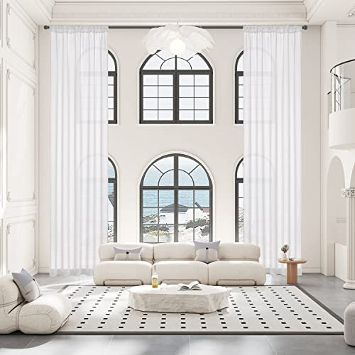 Sanceor Extra Long White Sheer Voile Curtain with a Tieback,Custom Made 11ft Length,Lightweight 2 Story Rod Pocket Sheer Curtain for High Ceiling,Tall Window(1 Panel,52 x 132 Inch,White