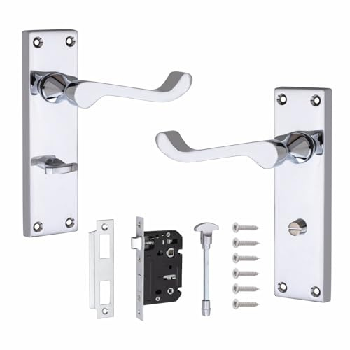 Golden Grace Victorian Scroll WC Door Handles, Polished Chrome Bath Set | Includes mortise lock, spindles, thumbturn and screws for a complete setup to easily update classic interior doors.