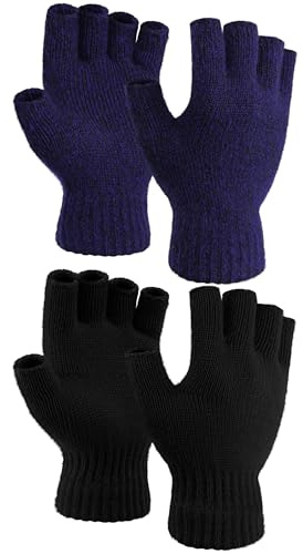 COORABY 2 Paar verdickte Kaschmir-warme Halbfingerhandschuhe Winter gestrickte fingerlose Handschuhe für Damen und Herren, Schwarz, Schwarz mit Marineblau, M