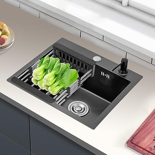 Lavello da incasso, in acciaio inox, 40 x 45 cm, colore nero, con scarico + dispenser di sapone nero, per esterni e balconi.