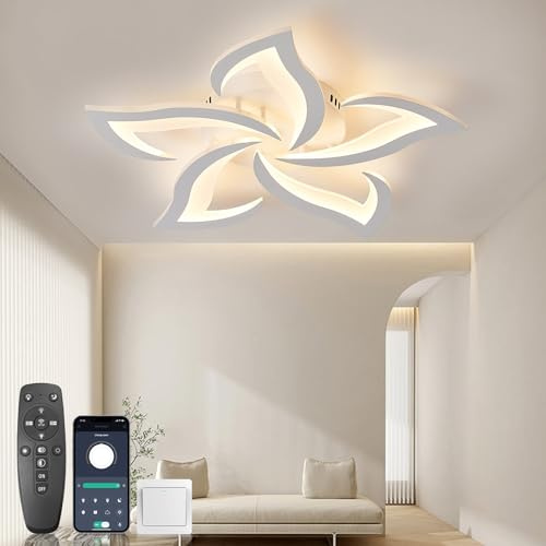 KSIBNW Plafón LED techo moderno regulable, lámpara de techo 36 W con mando a distancia y control APP, diseño de pétalo blanco, anillo acrílico, 2700K-6500K