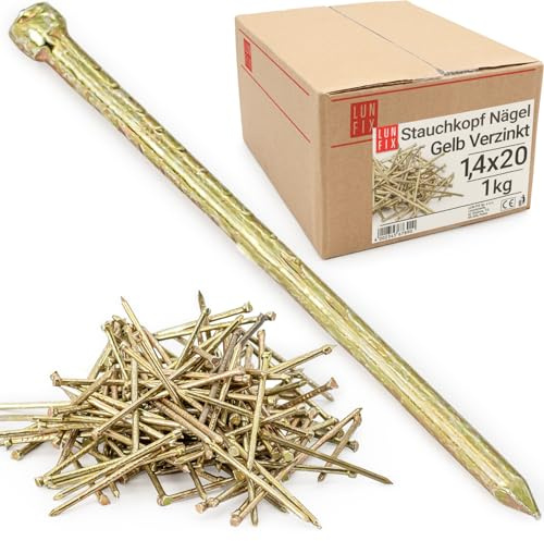 Lun Fix Clavos de acero de 1,4 x 20 mm (1 kg) | cabeza amarilla | clavos de madera para obras de construcción | clavos galvanizados | clavos de 20 mm de largo | clavos de alambre cabeza avellanada