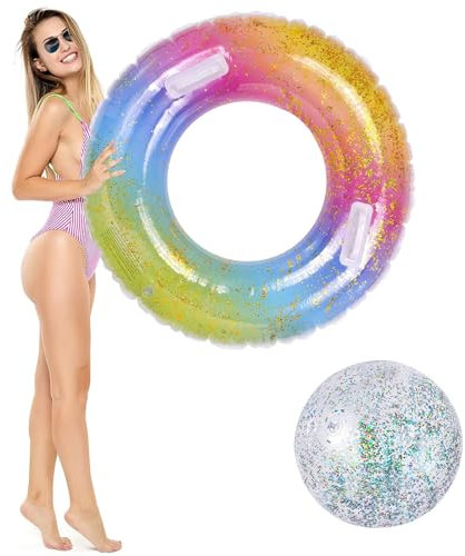 OdiuK Flotador para Adultos con Lentejuelas hinchables con Mango, Anillo de natación Grande de Verano y Bola de Agua Anillo Flotante Duradero, Anillo de colchón de Aire para Piscina, Playa, Fiestas,