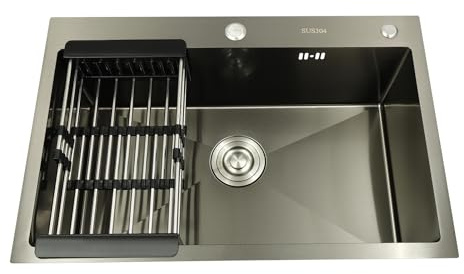 Évier de cuisine en acier inoxydable 304, 68 x 45 cm, avec passoire, trou pour robinet et égouttoir pour meuble bas de 45 cm, 1 bac