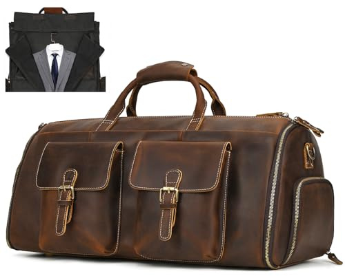 Reisetasche Herren echt Leder, Kleidersack Anzugsack 2 in 1 Garment Bag mit Schuhfach, Sporttasche Weekender Reisetasche für Herren, 2203 braun