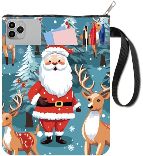CRASPIRE Jultomten bokfodral jul bokskydd hjort bokskydd för pocketböcker tvättbart tyg tyg tyg bokskydd med dragkedja och extra ärmficka för bokälskare klasskamrater julklappar