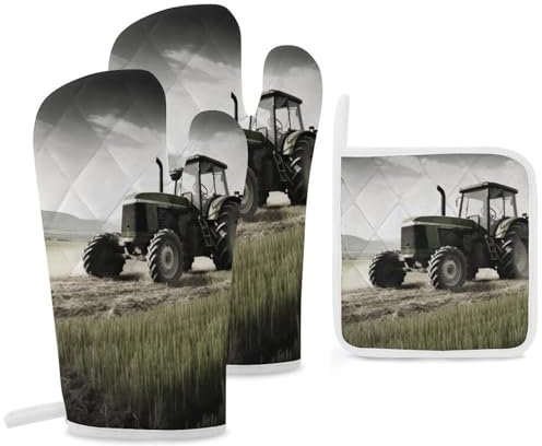Ofenhandschuhe und Topflappen, 3 Stück, Küchenhandschuh, Traktor, Landwirtschaft, ruhiger Ofenhandschuh, rutschfeste Ofenhandschuhe zum Kochen, hitzebeständige heiße Pads für Mikrowelle, BBQ