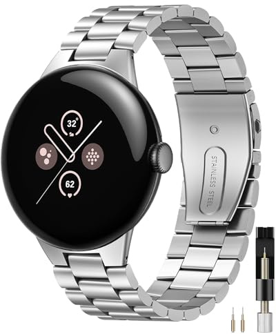Miimall Metall Armband Kompatibel mit Google Pixel Watch 3/4 45mm Armband 2025 2024, Edelstahl Doppelte Faltschließe Verstellbares Ersatzarmband für Pixel Watch 3/4 45mm-Silber