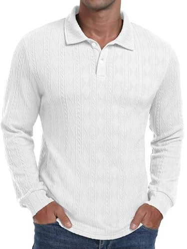 Sailwind Polo Shirts for Men Long Sleeve Tops Texture Knitted Polo Golf Work T Shirt with Buttons (White, M)