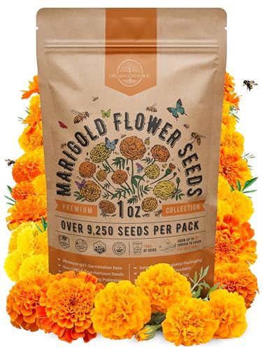 Marigold Seeds Pack 1 oz - Over 9,250 Non-GMO Heirloom Marigold Seeds for Planting Indoor & Outdoor Gardening, Flower Seed for Planting Home and Garden, Flowers Seed in Individual Packet