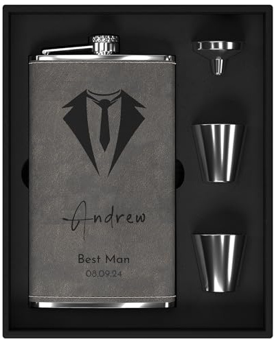 Personalised Groomsmen Flask 12 oz, 304 Steel Stainless Custom Flask for Men, Large Engraved Flask for Wedding Best Man Groomsmen Gifts (Grey)
