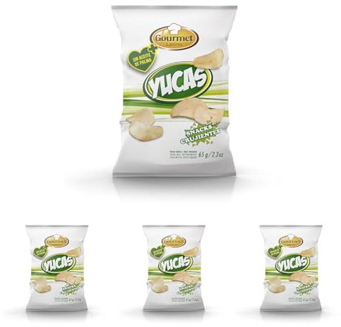 Yucas - Bolsa Individual de 65 g - Elaborado con Yuca y Aceite de Girasol 100% - Textura Crujiente - Ideal Como Aperitivo para Picar Entre Horas - Gourmet Latino (Paquete de 4)