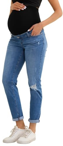 Leovqn Women's Maternity Jeans Comfy Stretch Boyfriend Jean Over Belly Ripped Denim Pregnancy Pants,Blue,XL