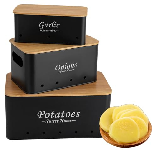 DHQCQL Set med 3 förvaringslådor för potatis, lök och vitlök, förvaringslådor med lock, förvaringsorganisation, för potatis, lök och vitlök (svart)