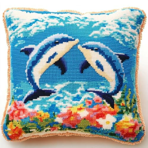 XDEGHUANGSS DIY Knüpfkissen Set zum Selbermachen mit Knüpfhaken-Set und Kissenbezug | Latch Hook Kit für Kinder und Erwachsene | Handgemachtes Sofakissen Bastelset | 43x43 cm | Paar Delfine