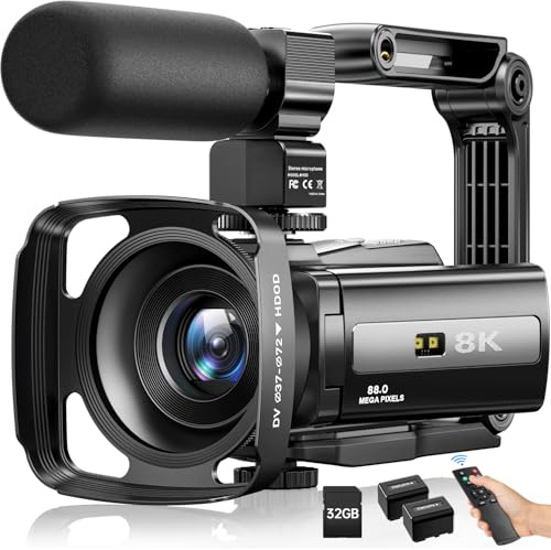8K Video Camera Camcorder 88MP UHD WiFi Vlogging Cameras for YouTube 18X Digital Zoom IR Night Vision 3.0''Touch Screen Camera with 32GB Card, Microphone, Stabilizer, Lens Hood, Remote, Batteries