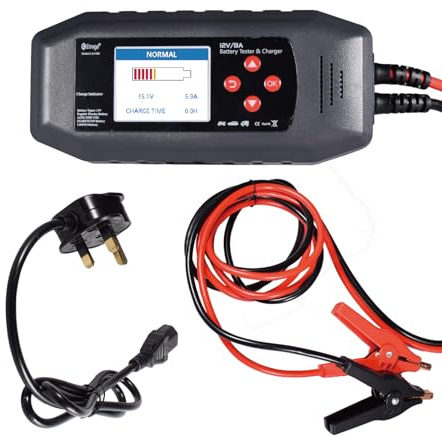8A Intelligente Battery Charger and Tester 12V 2-in-1 | CCA 40-2000,90% Efficiency Charge for lead Acid battery and LiFePO4,with Repair Function,with UK Plug