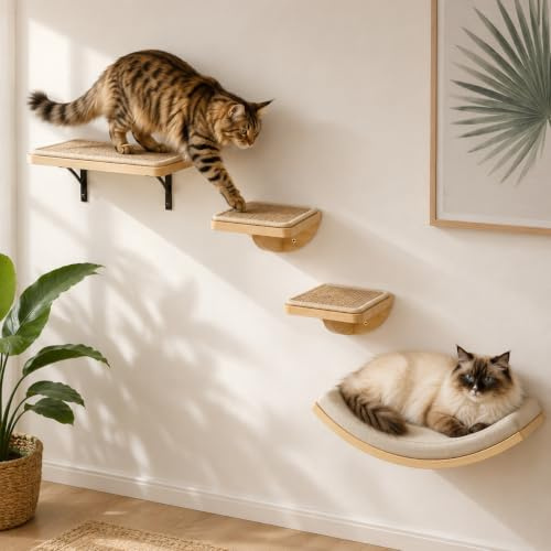 PELUOMOZ Katzen Wandmöbel Set 4-teilig, Holz Plattformen mit Schaumstoff | 4-teiliges Katzen Wandmöbel, gebogene Liegefläche mit Schaumstoffmatte, Sisal Plattformen, stabile Holzkonstruktion