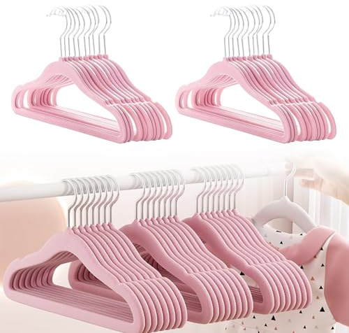 Grucce Appendiabiti Bambini, Set di 50 Grucce Salvaspazio con Ganci Girevoli a 360°,Neonato, in Velluto Antiscivolo per Armadio Cameretta Bambina, Stampelle Armadio,Rosa Chiaro