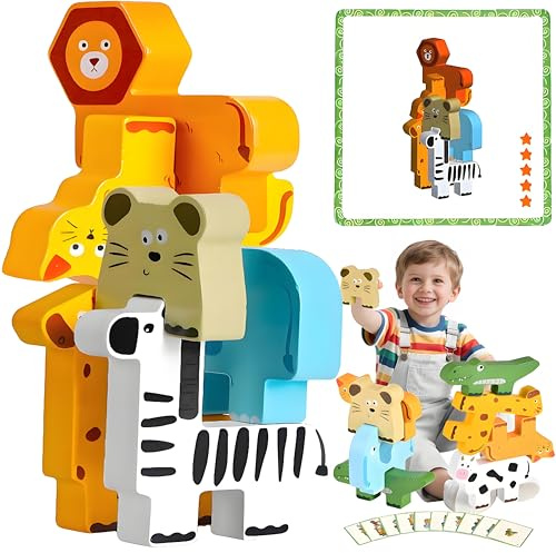 Maxricus Montessori Wooden Stacking Toys for 1-3 Year Old Boys & Girls – Animal Building Blocks for Toddlers | Educational Baby Toys 18+ Months | Birthday Gifts for 1+ Year Old Kids