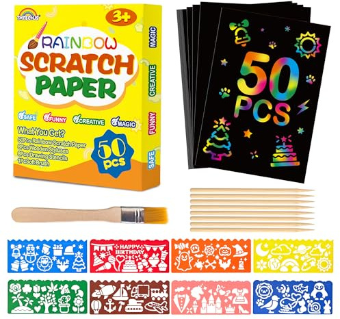 50 PCS Rainbow Scratch Paper Scratch Art for Kids Rainbow Scratch Notebook with Stencils Stylus for Girls Boys Students Party School Birthday Travel Favors Supplies