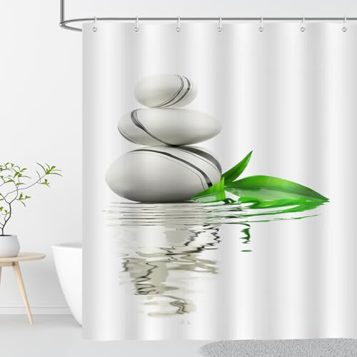 OCEUMACO Zen Duschvorhang 240x200 Anti Schimmel Wasserdicht Textil Shower Curtains Kieselsteine Motiv Duschvorhänge Badewanne Extra Breit Waschbar Stoff Bad Vorhang mit Haken - Weiß Beige